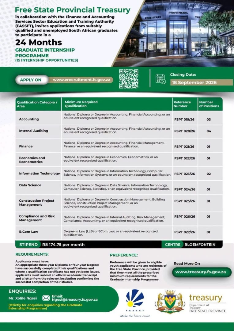 Free State Provincial Treasury Graduate Internship Programme 2026