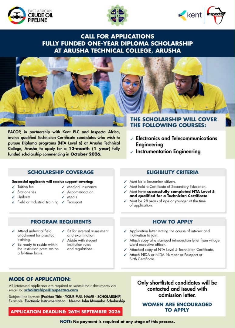EACOP Fully Funded Diploma Scholarship at Arusha Technical College 2026
