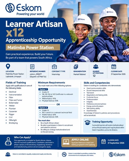 Eskom Learner Artisan (Apprenticeship) Opportunities 2026 – 12 Posts