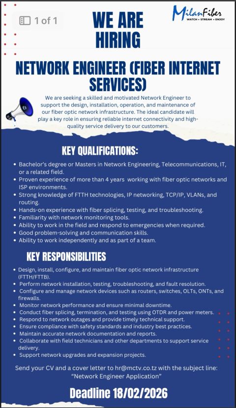 Milan Fiber Tanzania Vacancies 2026