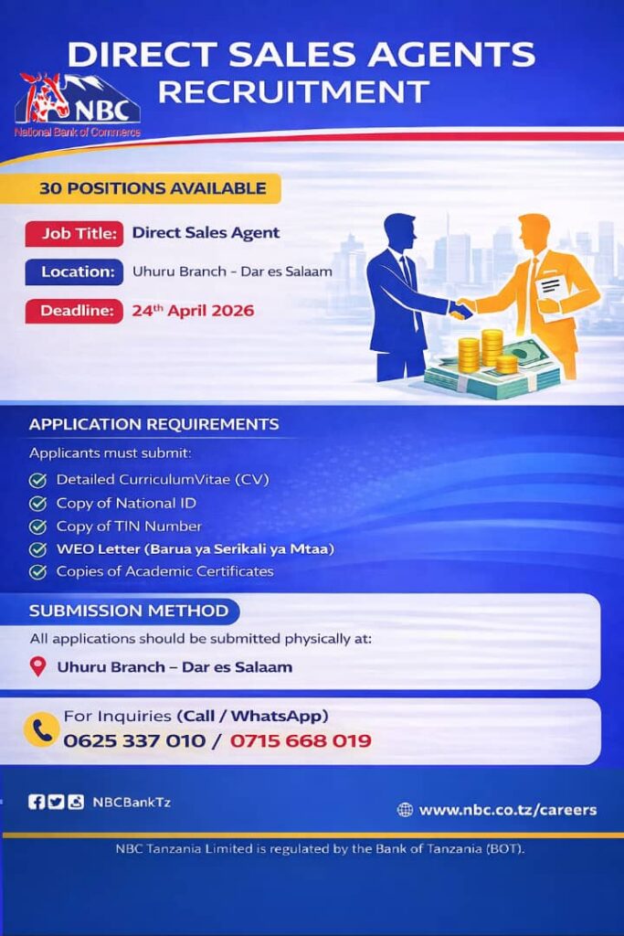 NBC Bank Tanzania Hiring 30 Direct Sales Kariakoo Uhuru