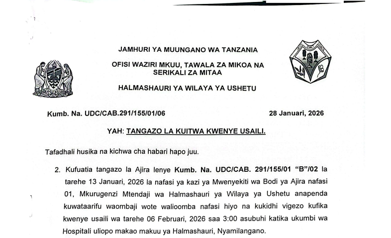 Ushetu District Council Call for Interview February 2026